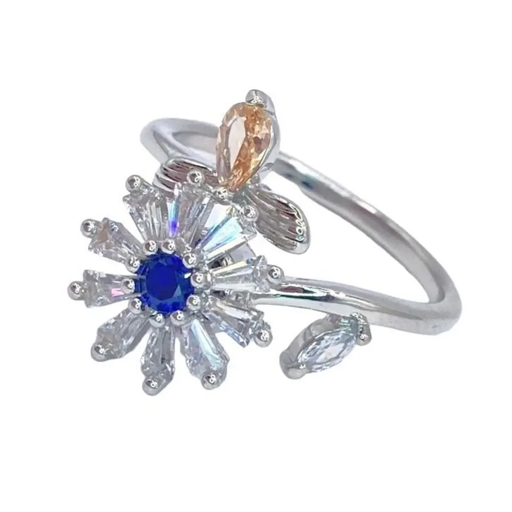 Silver cubic zirconia flower bee fidget ring size 8
